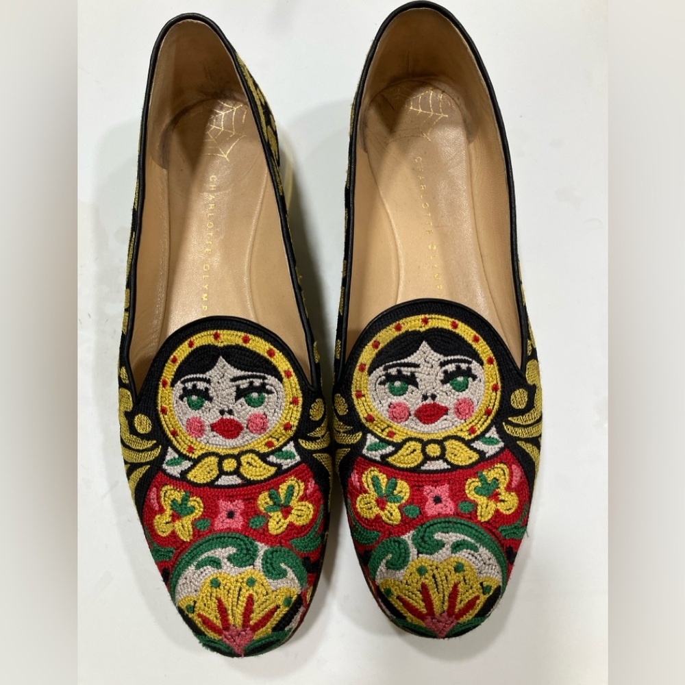 Rare! Charlotte Olympia Matryoshka doll embroidered loafer flats 40 US 9